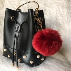 Burgundy faux furry Pom Pom keychain